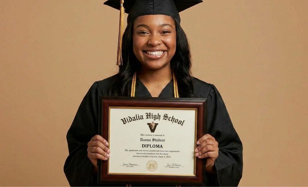 Young woman in a graduation cap and gown smiles while holding a framed high school diploma against a plain beige background.