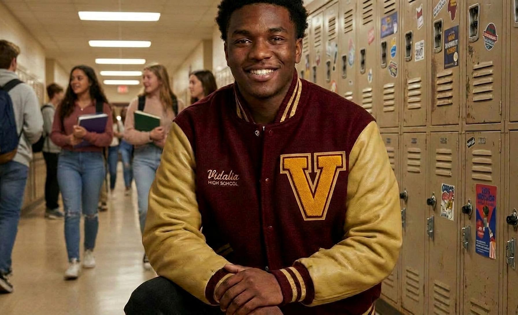 A smiling student in a maroon and gold letterman jacket kneels in a school hallway lined with lockers, while other students talk and walk in the background.