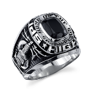 A silver high school class ring with a large black stone, engraved with the words HIGH SCHOOL and featuring a knights helmet and sword design on the side.