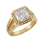 A gold ring with a large, square-cut clear gemstone in the center, surrounded by smaller clear stones along the band and setting.