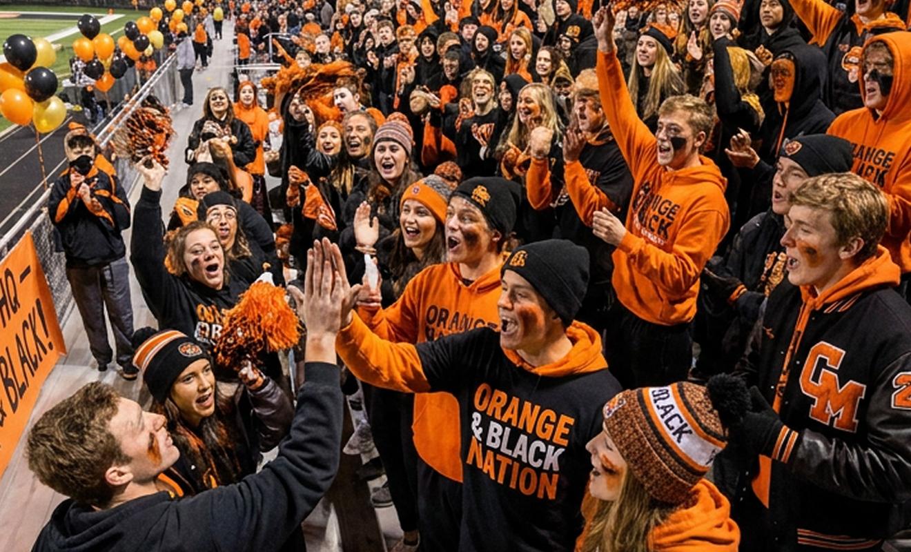 A large group of students wearing orange and black cheer at a sports event, some holding pom-poms and balloons. Two people are giving a high-five in the front. Excitement and school spirit fill the stands.