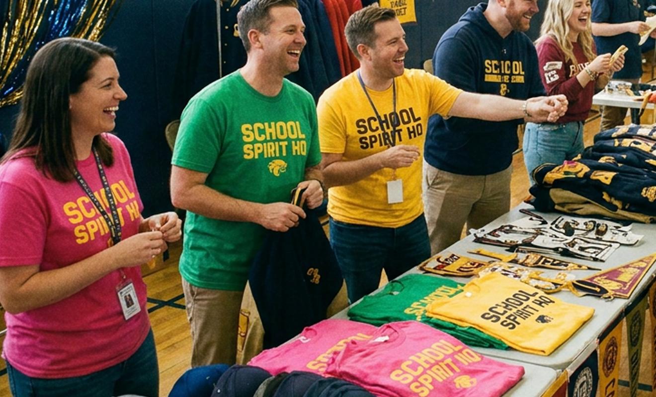 Five people behind a table selling school spirit wear like t-shirts and sweatshirts at a school event. They are smiling and engaging with attendees, with school colors and decor in the background.