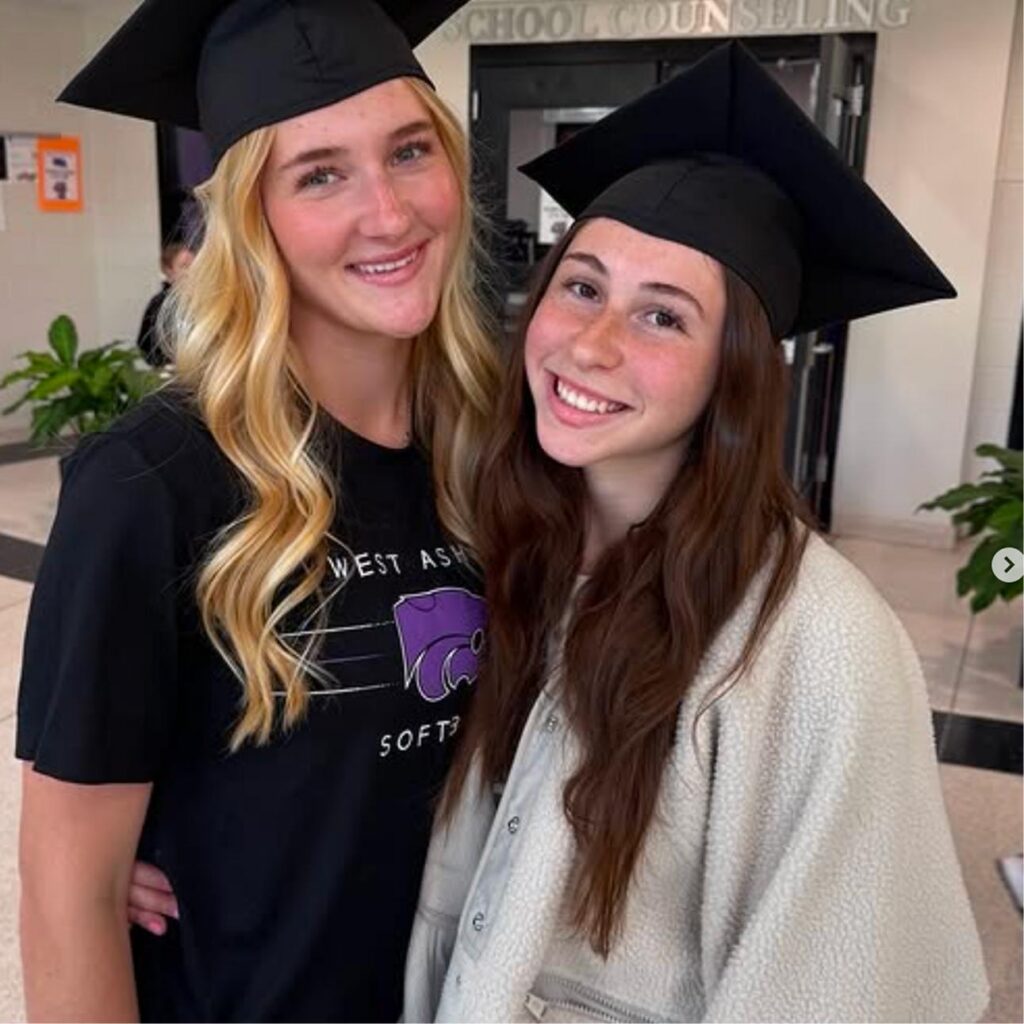 Two young women wearing graduation caps smile and stand close together indoors. One wears a black shirt with a logo, while the other wears a light jacket. Green plants and signs are visible in the background.