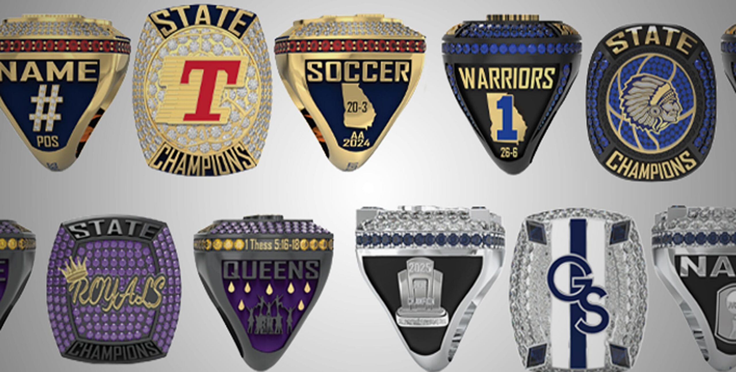 A display of various championship rings, each with unique designs featuring text like “STATE CHAMPIONS,” team names, symbols, and colors. The rings are arranged in two rows against a light background.